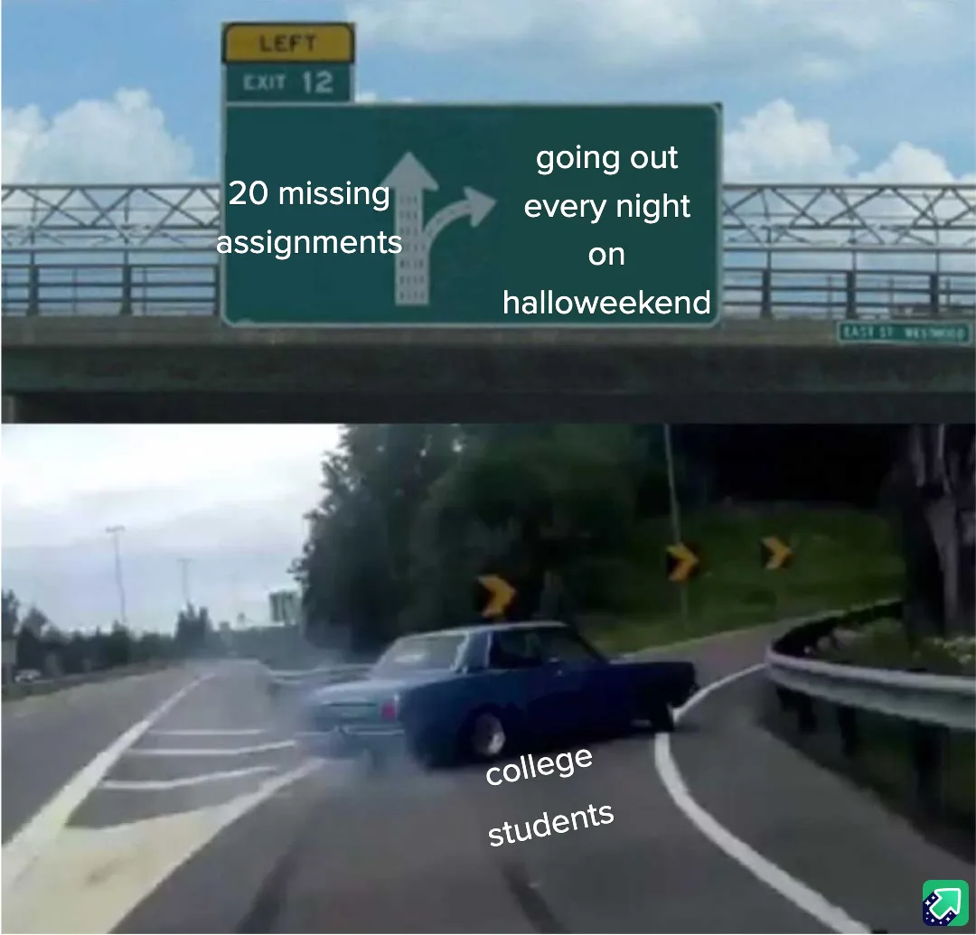 A highway sign with arrows pointing left and right is overlaid with text reading '20 missing assignments' on the left arrow…