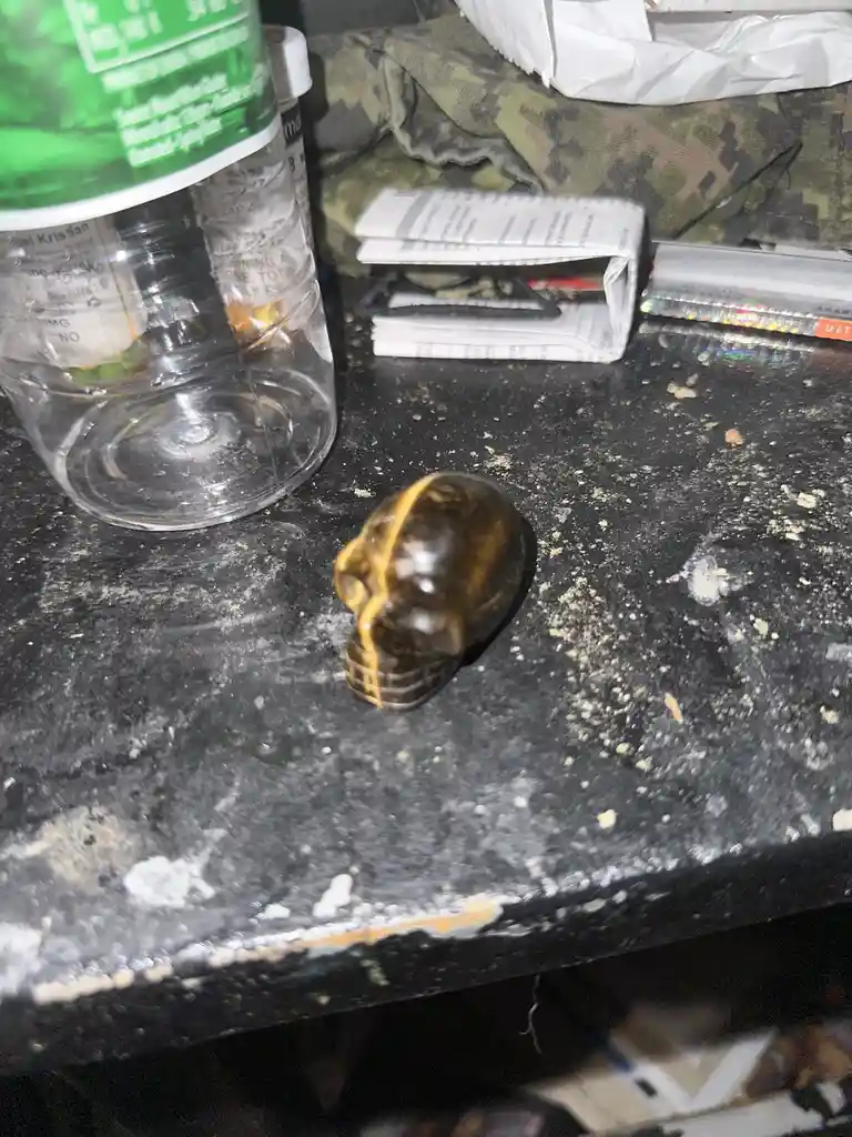 A small, polished skull-shaped stone with brown and yellow stripes sits on a dirty, speckled black countertop. Nearby are a…