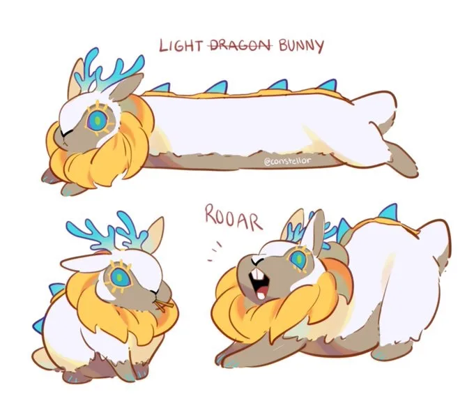 A cartoon drawing shows a fluffy white bunny with dragon-like features, including blue antlers and spikes along its back…