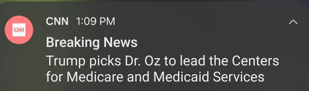A screenshot of a CNN notification showing a breaking news alert at 1:09 PM. The headline reads 'Breaking News Trump picks…