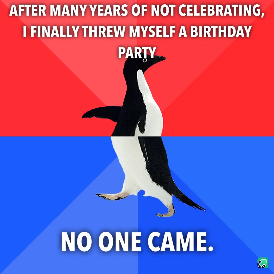 A penguin stands centered against a red and blue background, with white text overlaid. The top text reads 'AFTER MANY YEARS…