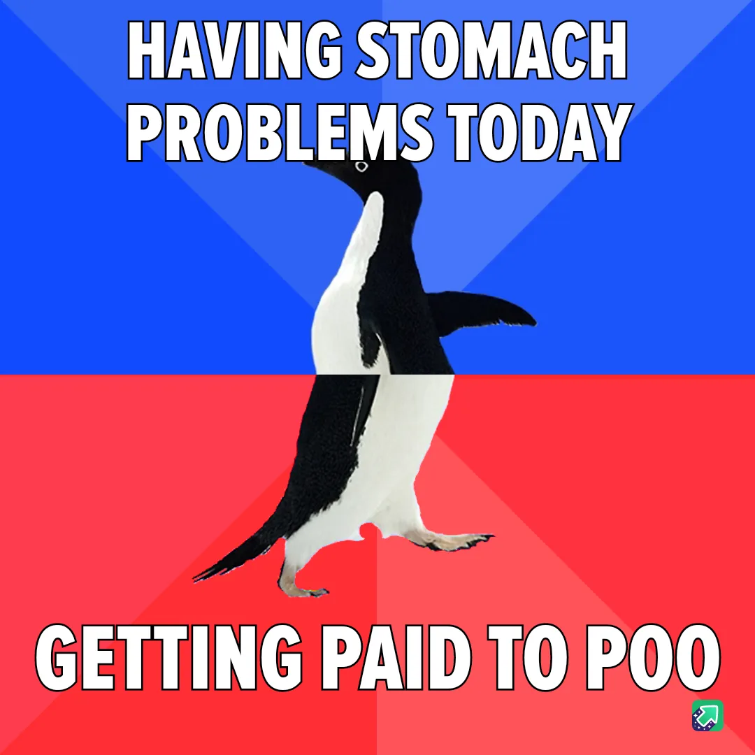 A penguin stands centered against a split blue and red background, with bold white text above reading 'HAVING STOMACH…