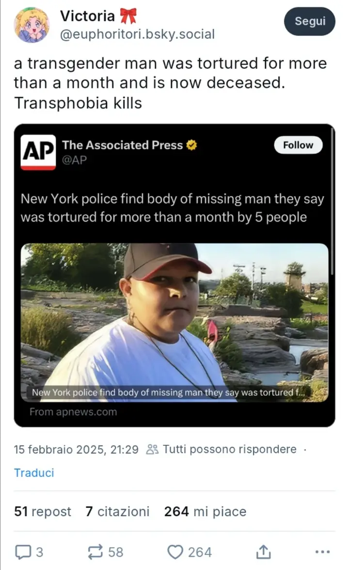 A screenshot of a social media post by 'Victoria' sharing an Associated Press news alert about a missing man found tortured…