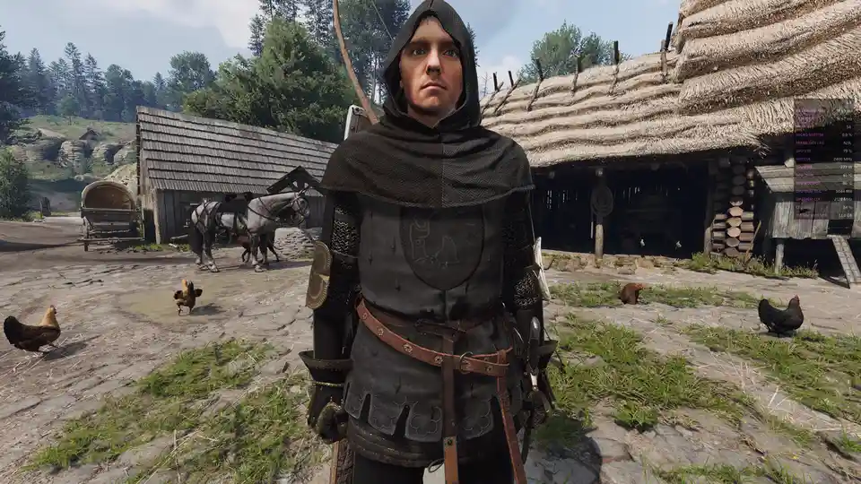 A screenshot from a medieval-style video game shows a knight in dark armor standing in a village with thatched-roof…