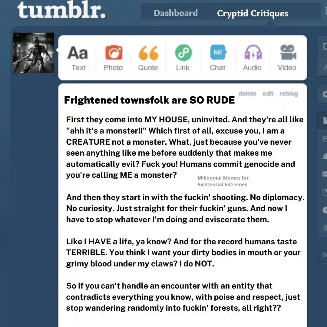 A screenshot of a Tumblr post with a black-and-white photo of a monster in the top-left corner. The post's text, overlaid in…