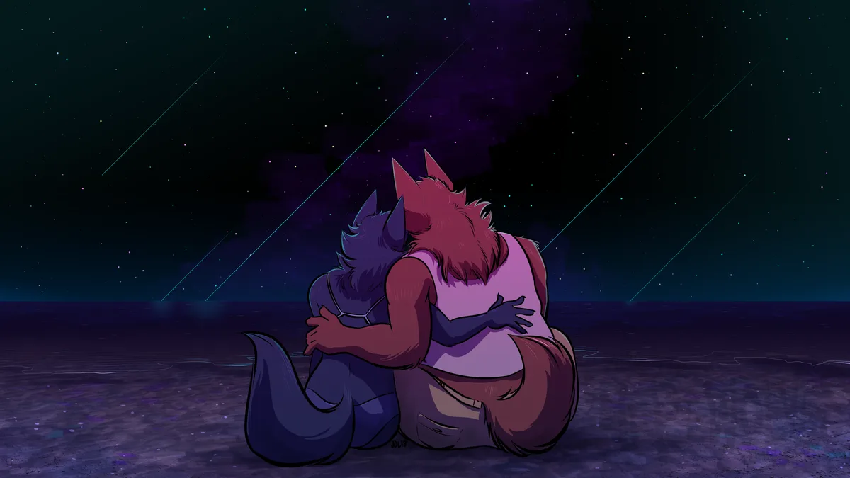 Two anthropomorphic characters, one with dark blue fur and one with reddish-brown fur, are hugging tightly while sitting on…