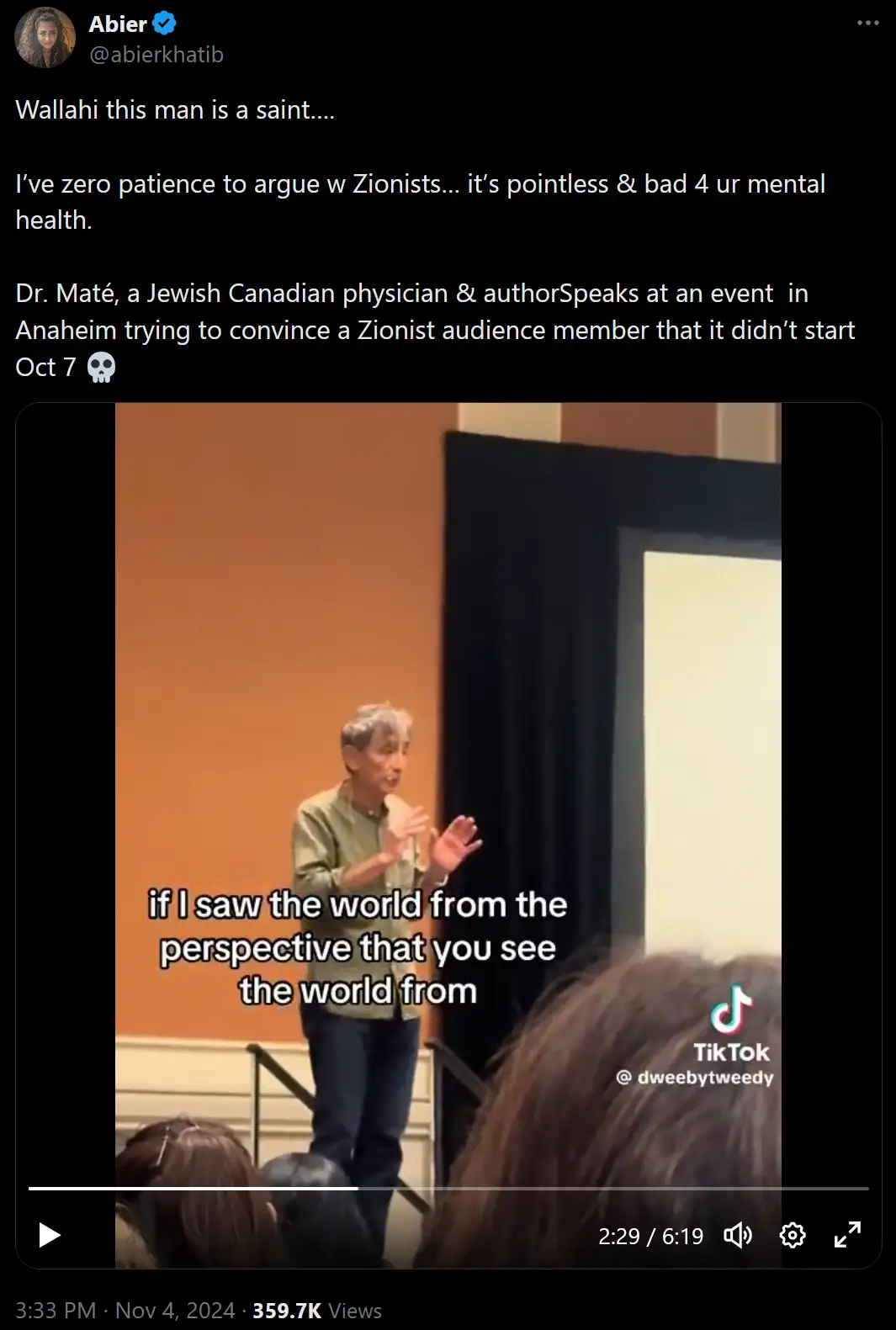 Dr. Gabor Maté calmly addresses a Zionist's harsh views on Palestinians.