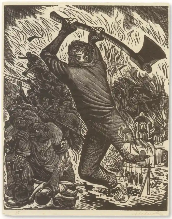 a black-and-white woodcut depicts a man wielding a large axe, surrounded by soldiers and flames, with a burning church and a…
