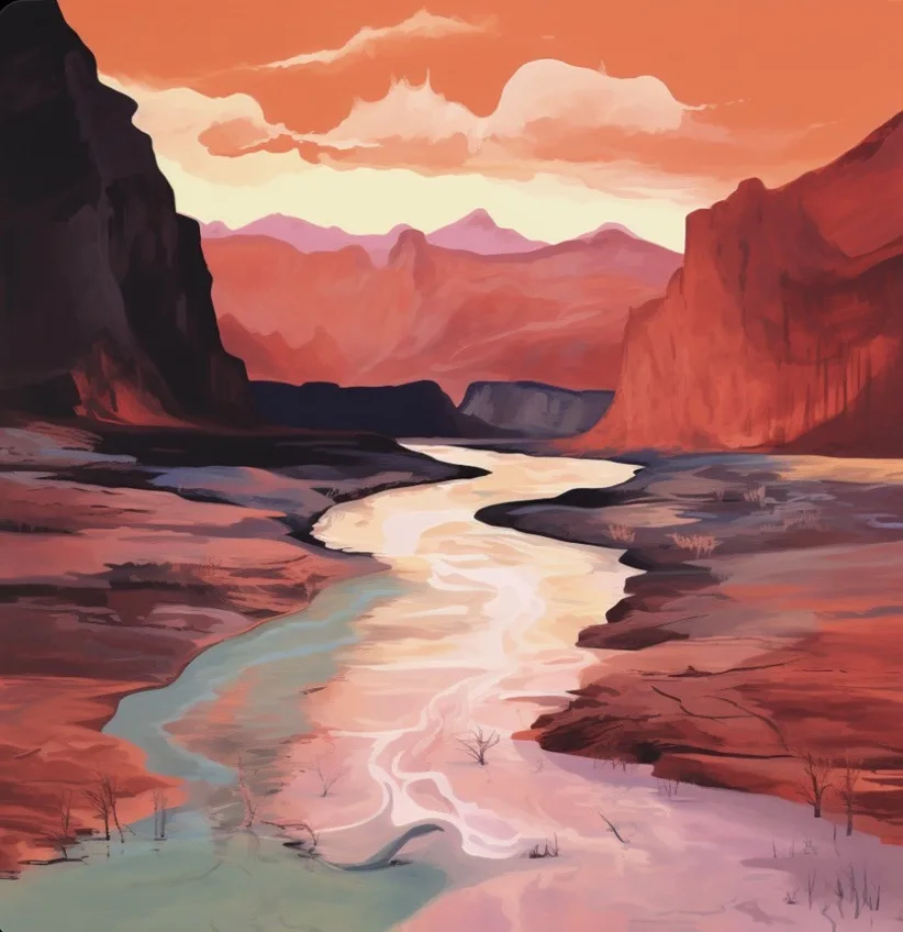 A stylized painting of a winding river flowing through a canyon at sunset, with warm orange and red tones dominating the…