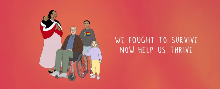 An illustrated family of five stands against a red gradient background: a woman holding a baby, an older man in a…