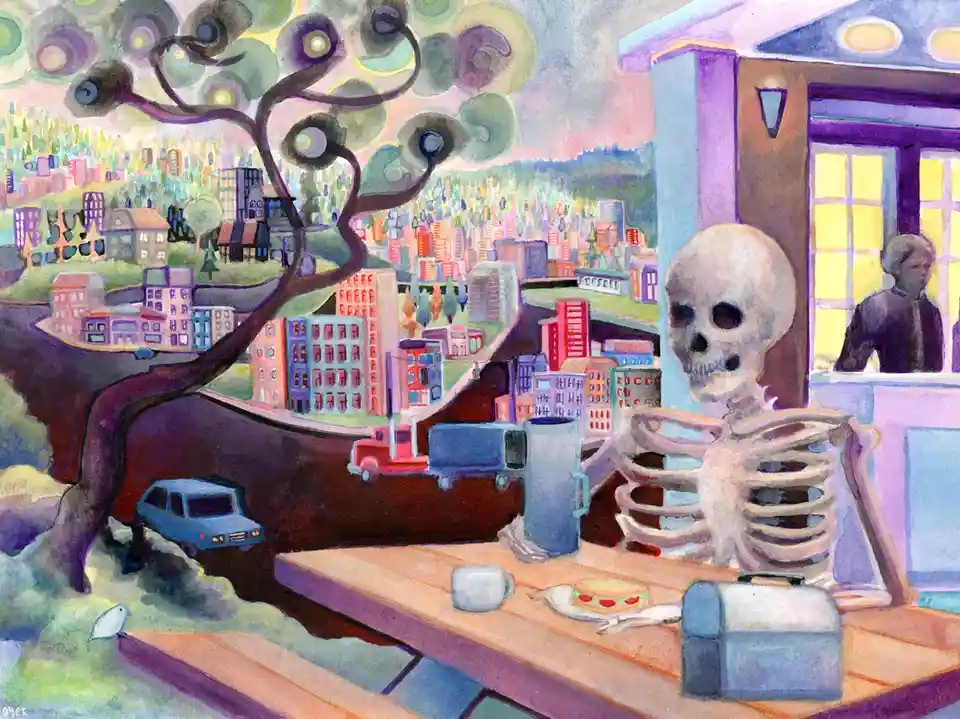 A surreal watercolor painting depicts a human skeleton sitting at a wooden table with a sandwich, coffee cup, and lunchbox…