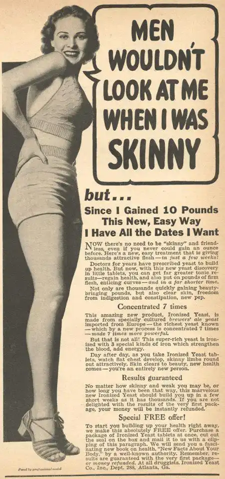 A vintage black-and-white print advertisement featuring a smiling woman in a form-fitting knit outfit, posing confidently…