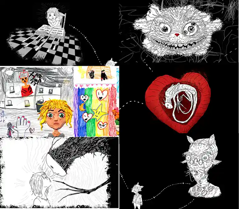 A collage of six distinct, stylized illustrations: a girl reading a book with pencils as legs on a chessboard; a monstrous…
