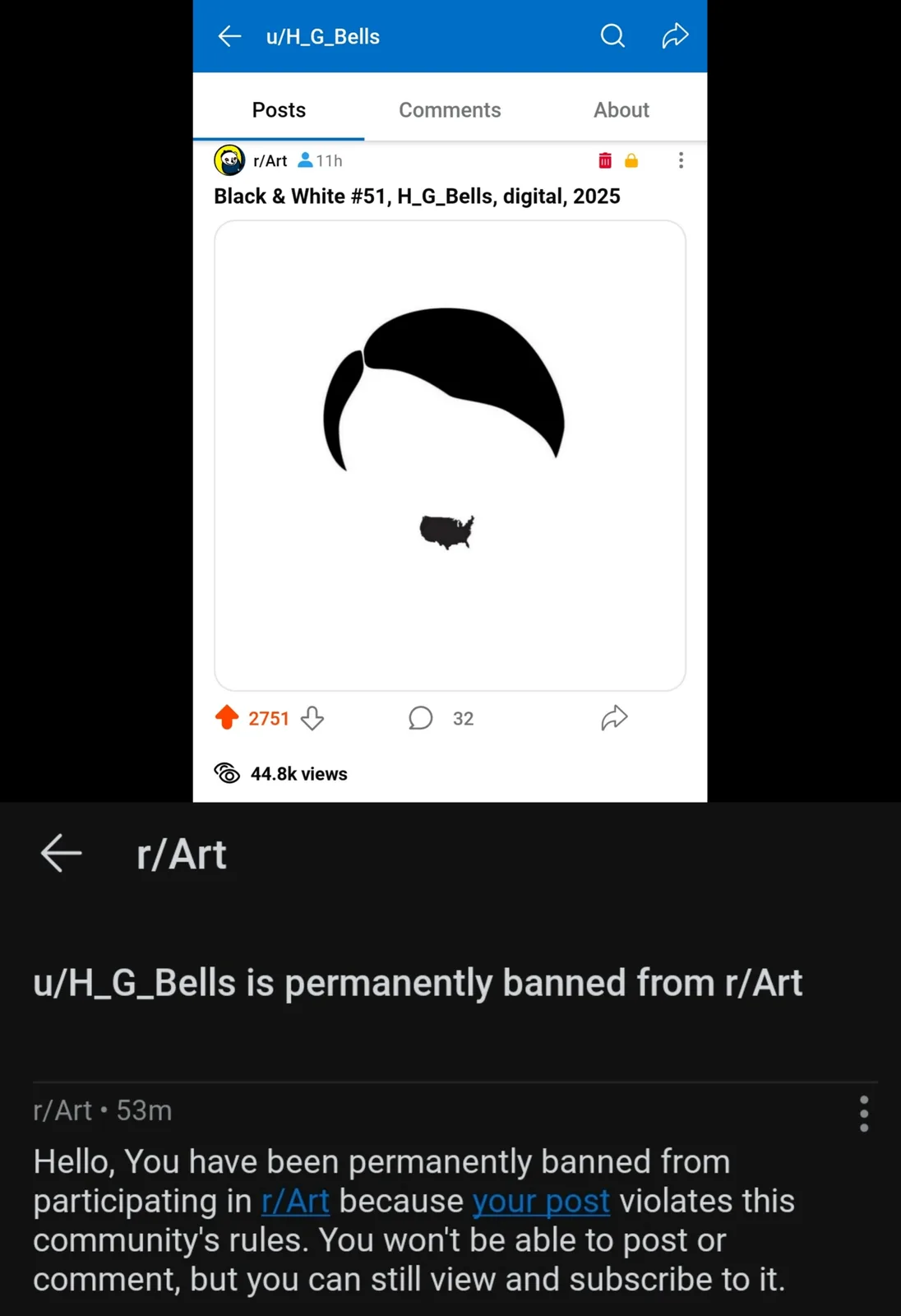 A screenshot of a Reddit post by user u/H_G_Bells in r/Art shows a minimalist black-and-white digital art piece titled…