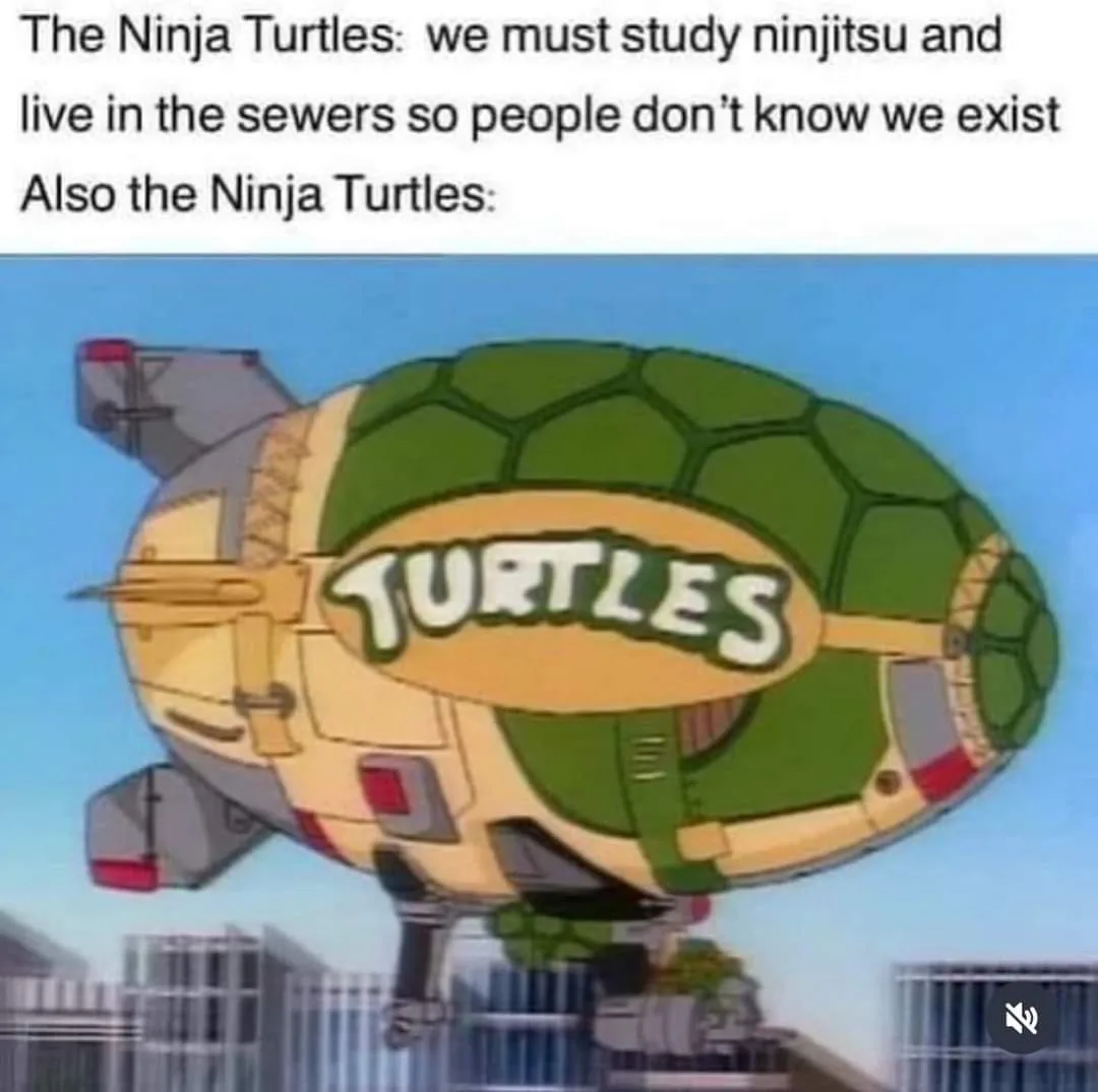 The image shows a cartoonish, turtle-shaped airship with 'TURTLES' written across its side, flying over a city skyline. The…