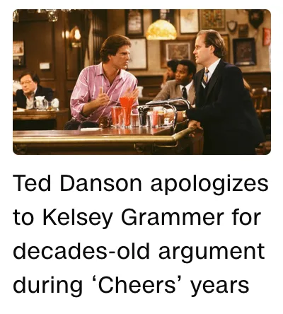 A still from the TV show 'Cheers' shows Ted Danson in a pink shirt gesturing animatedly at the bar while Kelsey Grammar, in…