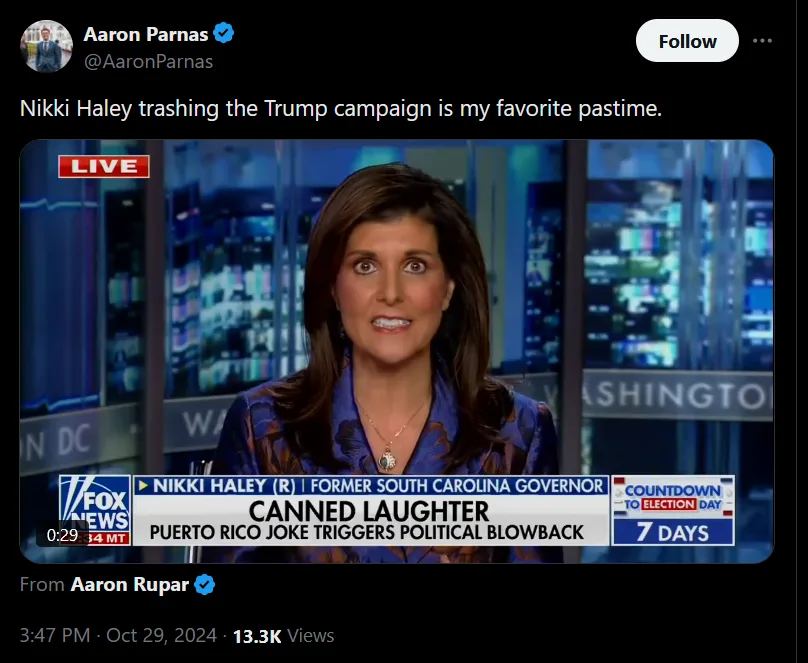 A screenshot of a Fox News broadcast featuring Nikki Haley, with a news ticker below her reading 'CANNED LAUGHTER PUERTO…