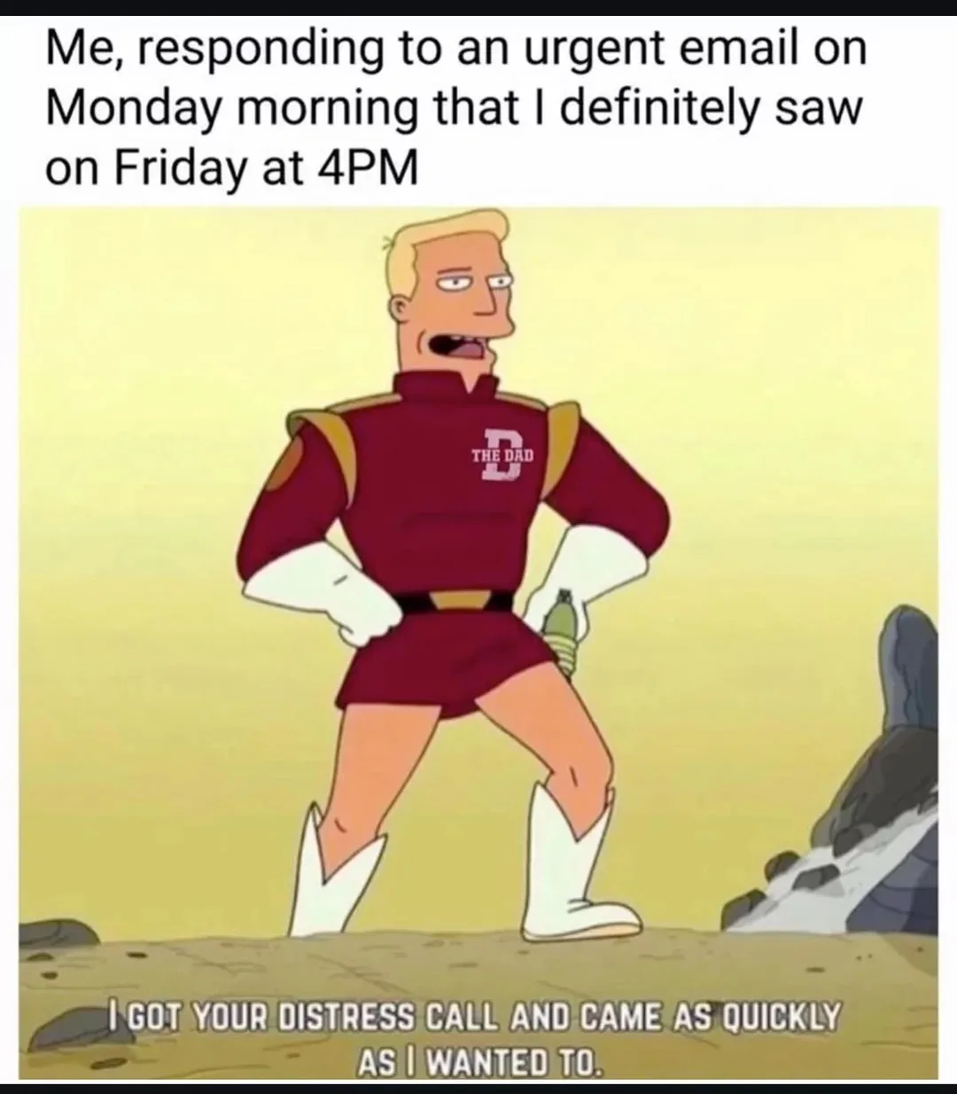 A cartoon man in a red superhero costume with 'THE DAD' on his chest stands confidently, holding a bottle, with the text 'I…