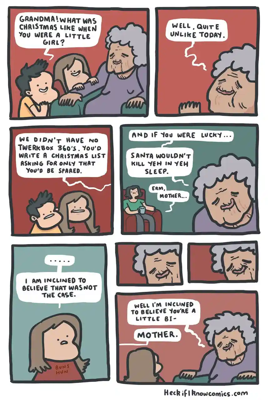 A comic strip shows a grandmother recounting her childhood Christmas, humorously describing how she'd ask Santa for a…