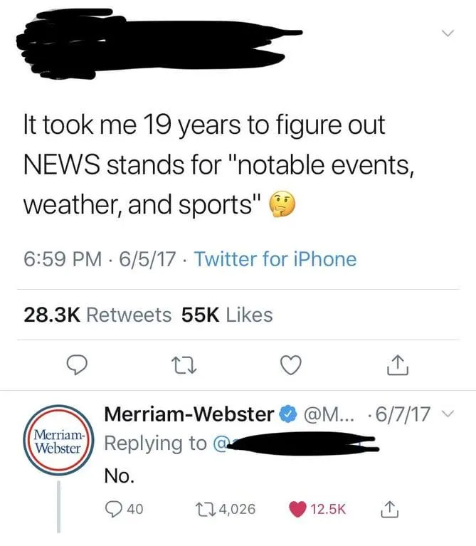 A screenshot of a Twitter thread shows a user stating it took them 19 years to realize 'NEWS' stands for 'notable events…