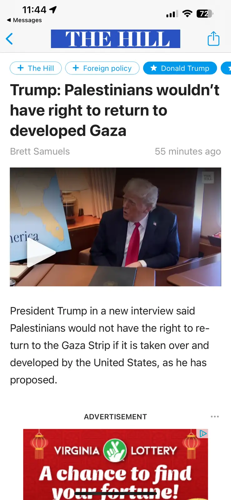 A screenshot of a mobile news article from 'The Hill' shows a video thumbnail of Donald Trump speaking, with the headline…