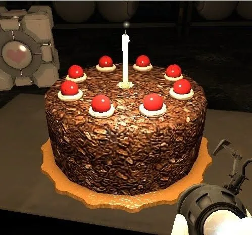 A chocolate cake with eight red cherries and one candle is shown from a first-person perspective in a video game, with a…