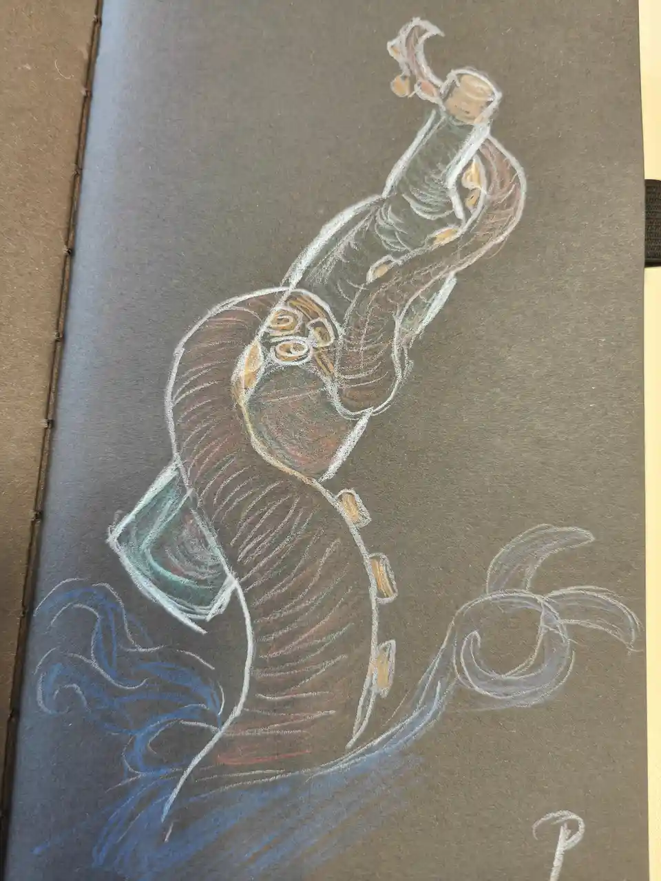 A chalk drawing on grey paper depicts a stylized, muscular figure with a large head and exaggerated eyes, wearing a dark…