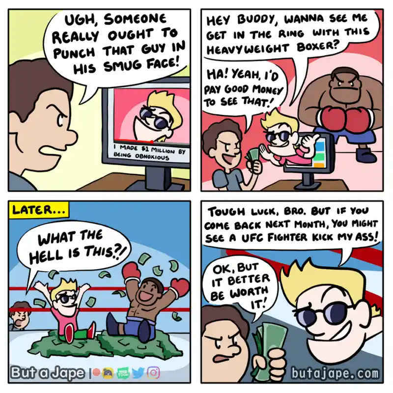 A four-panel comic strip shows a man watching a smug, sunglasses-wearing man on TV who claims to have made $1 million by…