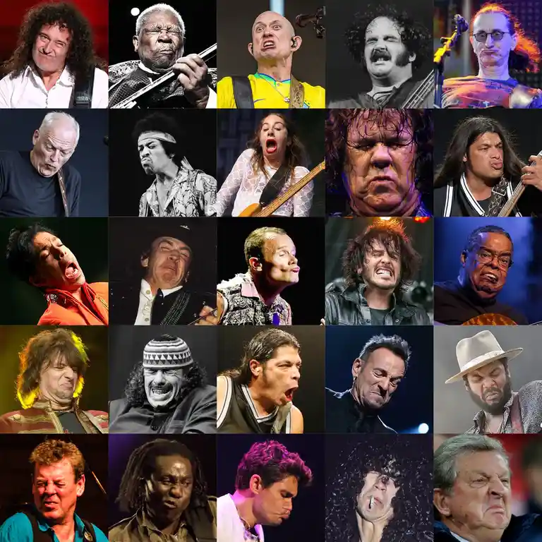 A 5x5 grid collage of 25 famous musicians, each captured mid-performance with exaggerated, intense facial…