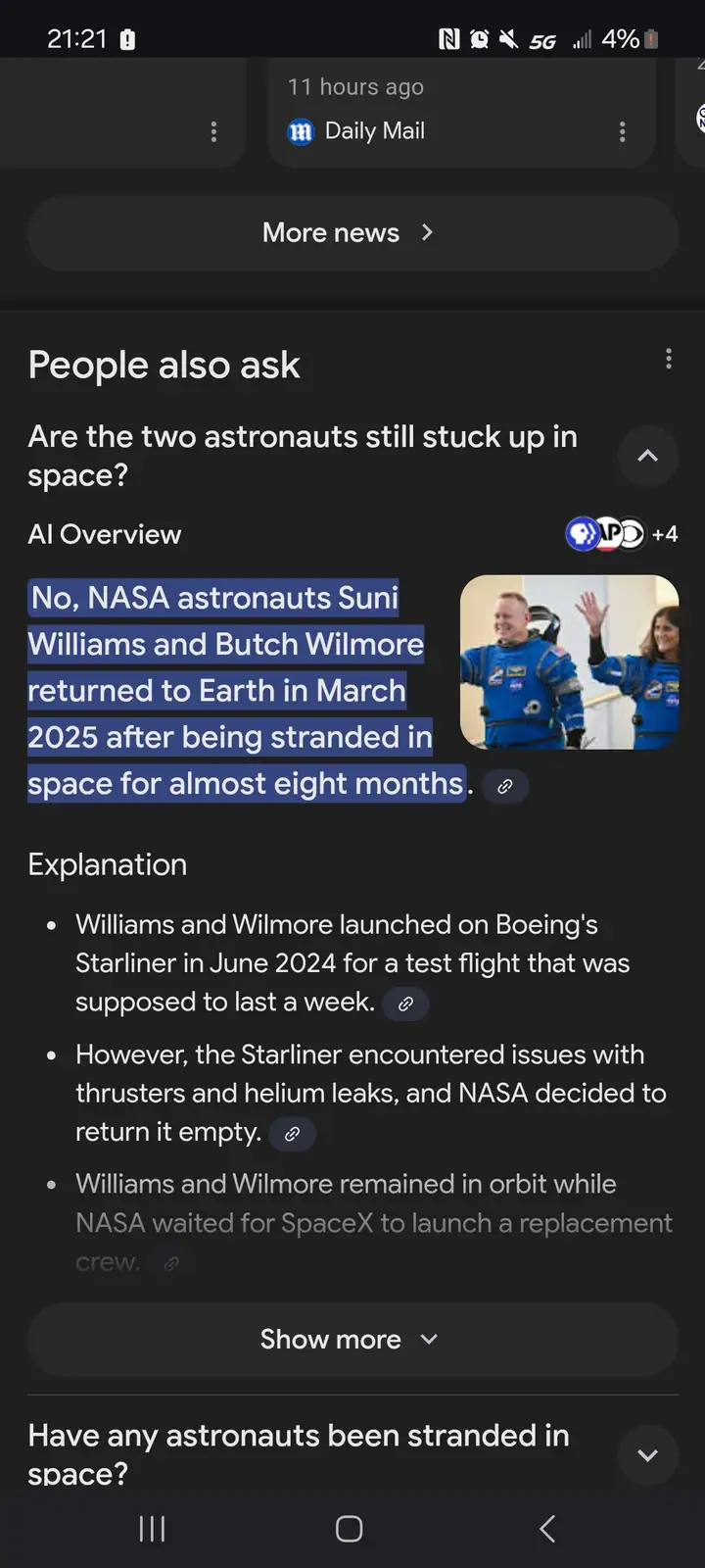 A screenshot of a 'People also ask' section from a news app shows a highlighted answer stating that NASA astronauts Suni…