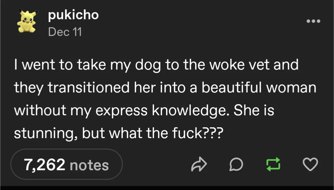 A screenshot of a Tumblr post by user 'pukicho' dated Dec 11, showing white text on a dark background. The text humorously…