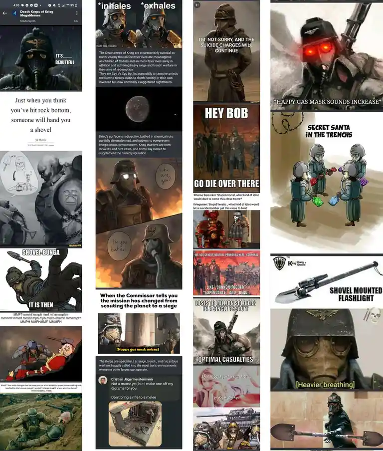 A collage of memes featuring grim, gas-masked soldiers from the Warhammer 40,000 universe, specifically the Death Korps of…
