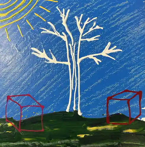 A childlike painting shows a white bare tree on a green hill under a blue sky with a yellow sun. Two red outlined chairs sit…