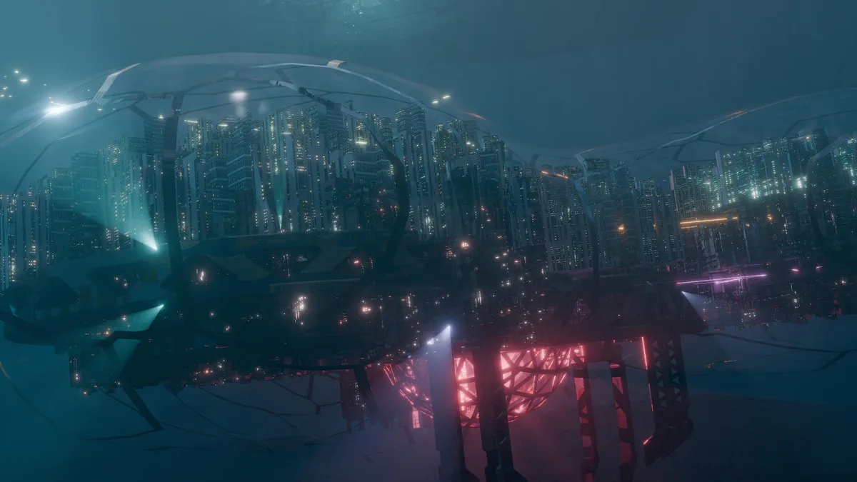 A futuristic cityscape with towering skyscrapers under a dome-like structure, featuring glowing blue and red lights, with…
