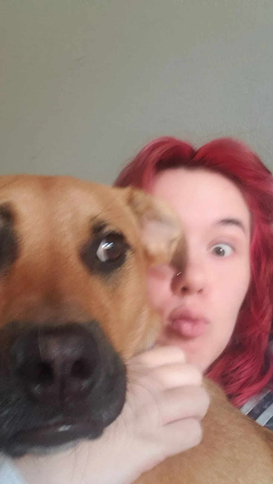 A person with bright red hair makes a playful, puckered-lip face while holding a brown dog close to the camera, partially…
