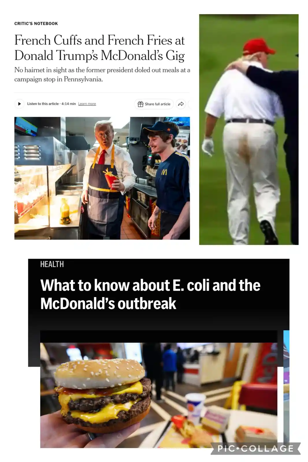 A collage of three images: a news article headline about Donald Trump at McDonald's, a photo of Trump from behind with a…