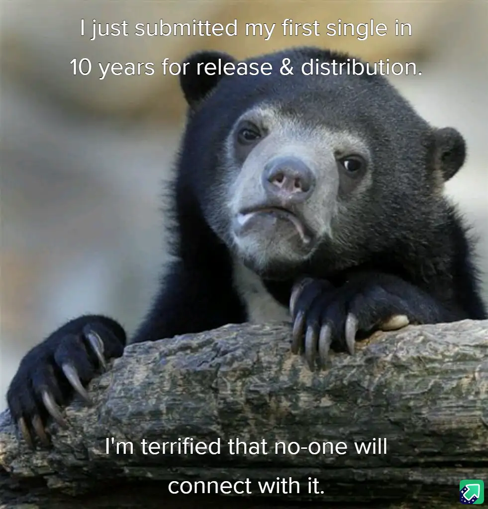 A close-up photo of a sad-looking sun bear resting its paws on a log, with white text overlaid at the top and bottom. The…