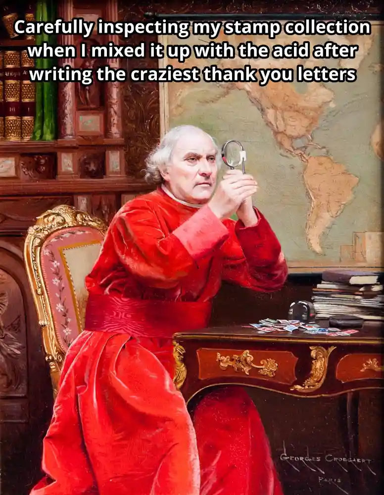 A classical painting depicts a man in a red robe sitting at a wooden desk, holding a magnifying glass over a collection of…