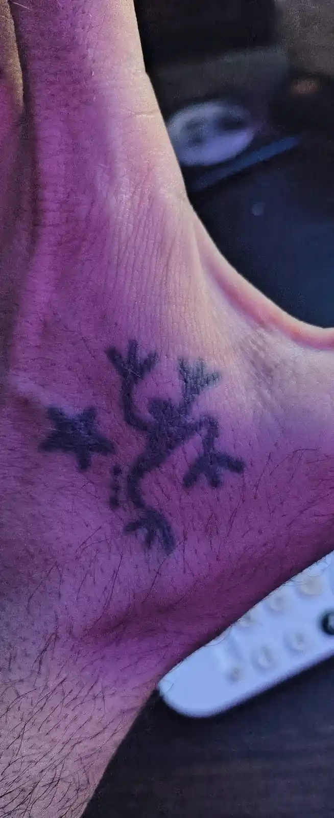 A close-up photo shows a small, dark ink tattoo on a person's hairy arm, depicting a stylized frog with a star on its back…