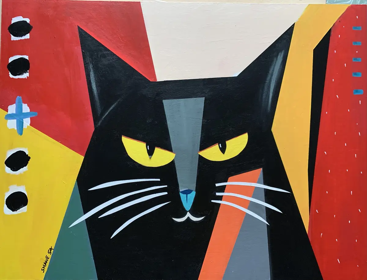A stylized painting of a black cat with yellow eyes and white whiskers, set against a geometric background of red, yellow…
