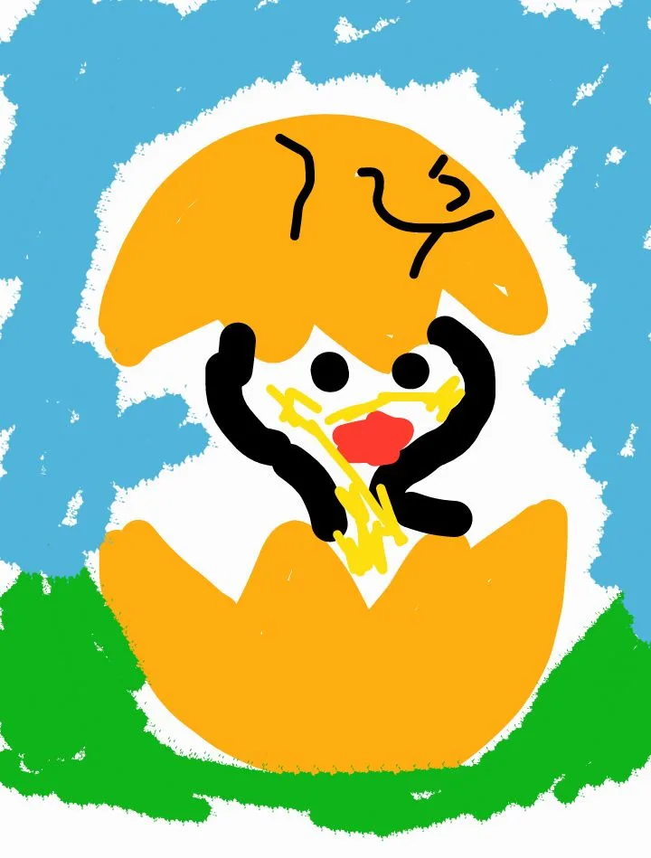 A crudely drawn cartoon chick with a yellow beak and red mouth is emerging from a cracked orange eggshell against a blue sky…