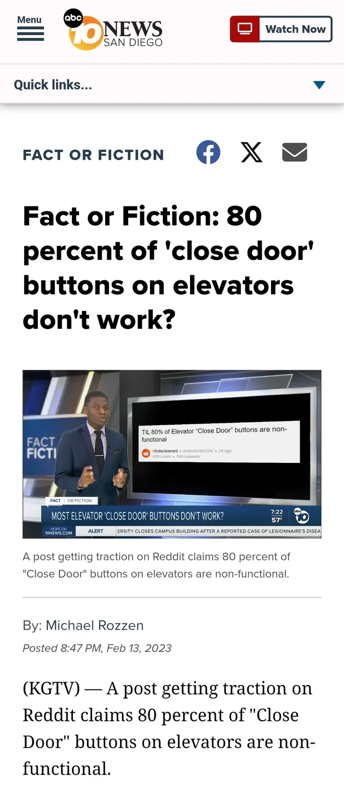 A screenshot of an abc10 News San Diego article titled 'Fact or Fiction: 80 percent of 'close door' buttons on elevators…