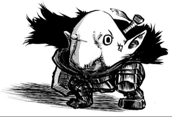 A black-and-white manga-style drawing of a small, bald, elf-like character with pointed ears, a star-shaped scar on the…
