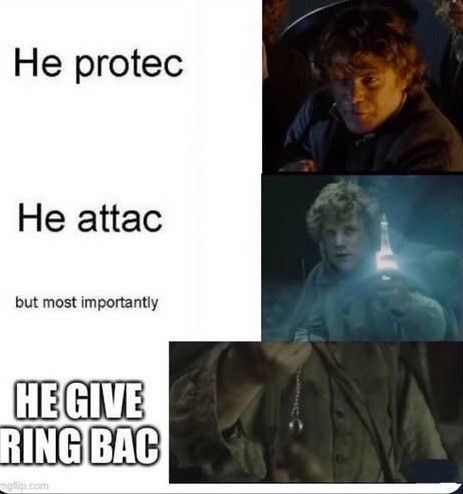A three-panel meme featuring Frodo Baggins from 'The Lord of the Rings'. The top panel shows him looking concerned with text…