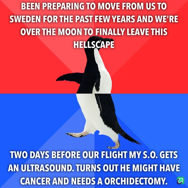 A penguin stands against a red and blue background, with white text overlaid in two sections. The top text reads 'BEEN…