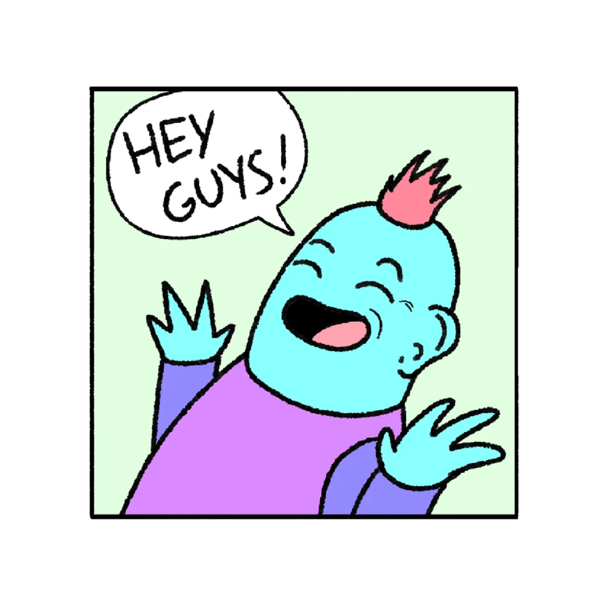 A cartoonish blue alien with a pink mohawk and a purple shirt is waving enthusiastically with both hands while smiling…