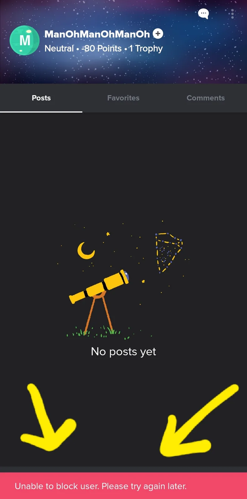 A screenshot of a social media profile page for 'ManOhManOhManOh' showing a 'No posts yet' placeholder image with a cartoon…
