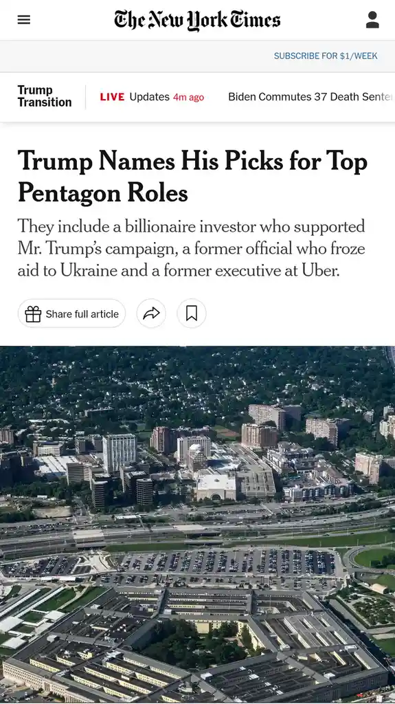 An aerial photo of the Pentagon building is overlaid with a screenshot of a New York Times article headline about Trump…