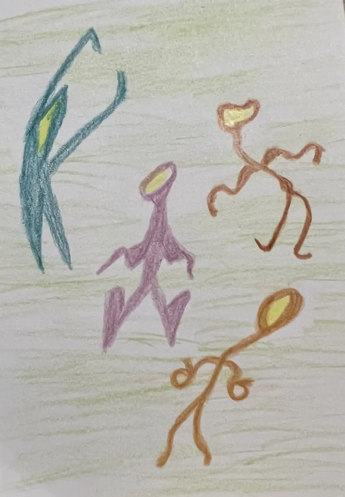 A child's crayon drawing on textured paper shows four abstract, stick-figure-like creatures with yellow oval heads. One blue…