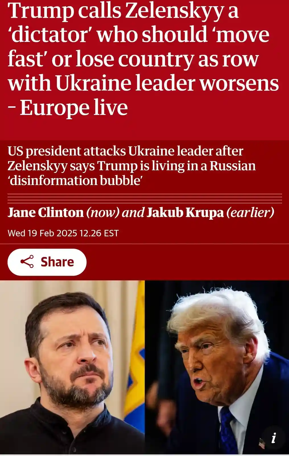 The image displays a news article header with red background and white text, followed by two side-by-side photos: Ukrainian…